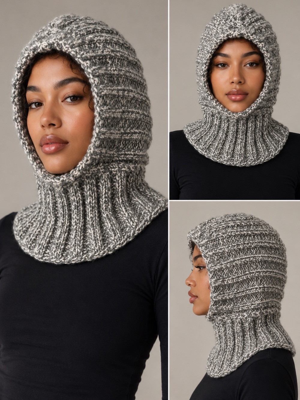 Handmade Gray & Cream Marled Knit/Crochet Beanie